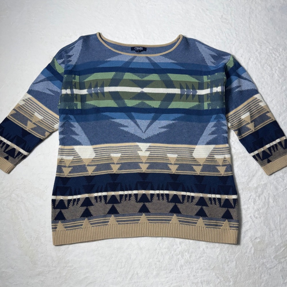 Chaps Denim Ralph Lauren Southwest Aztec Print Crew Neck 3/4 Sleeve Sweater XL‎